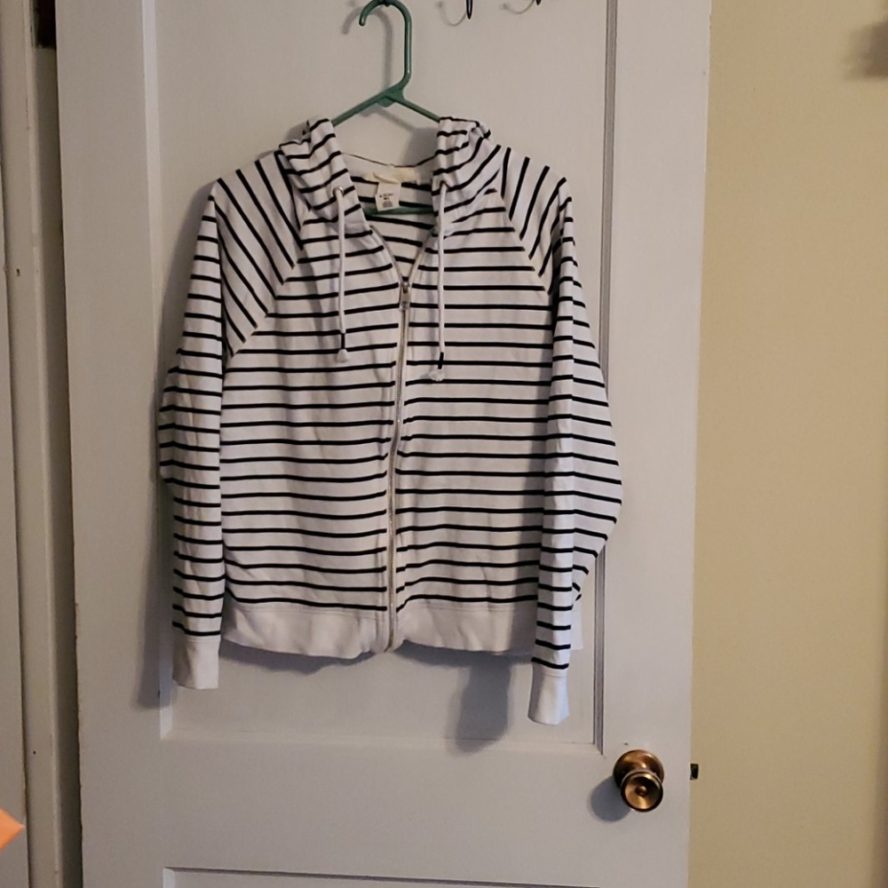 White zip up hoodie with navy stripes